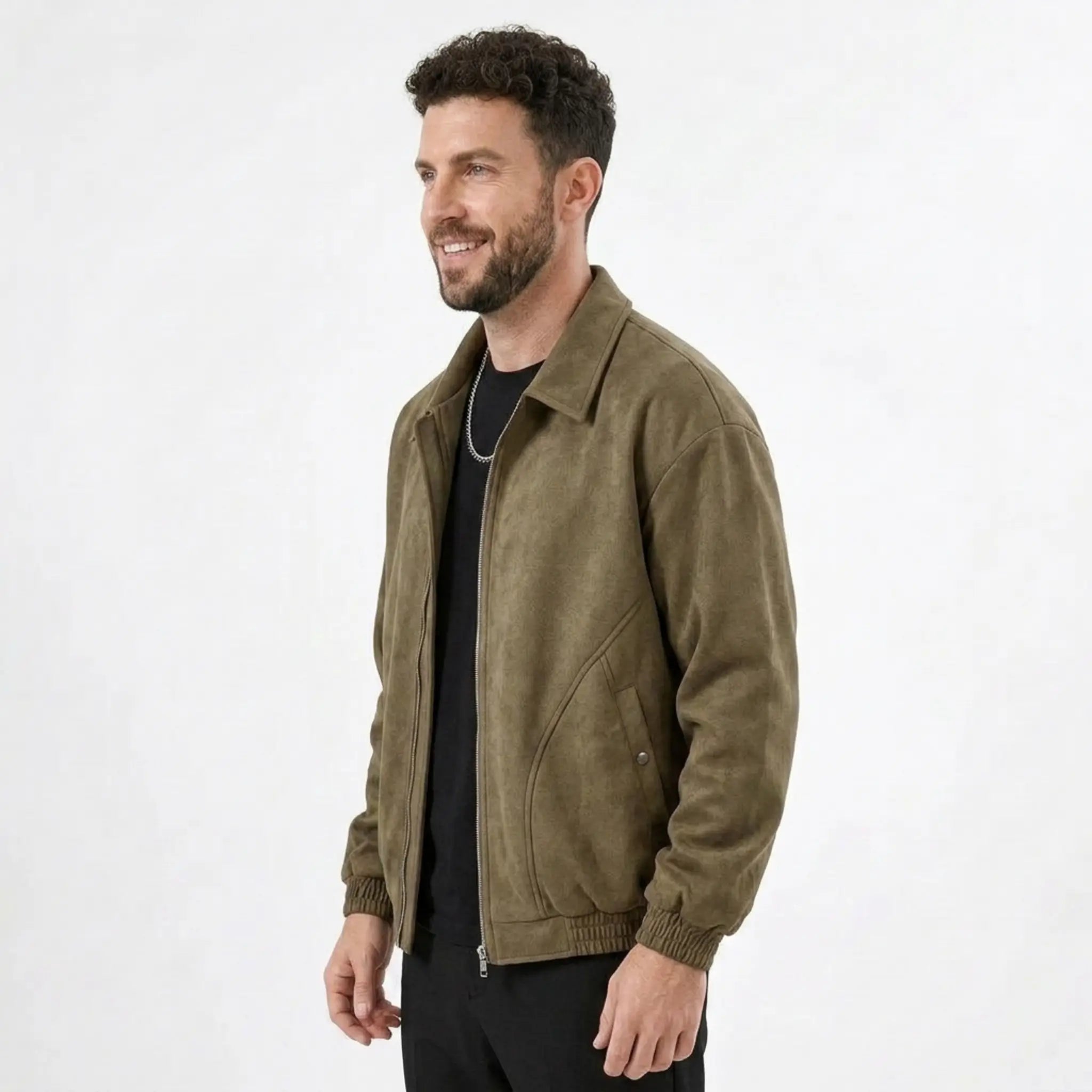 Man wearing MannerCo brown PU leather retro lapel jacket in outdoor lifestyle setting