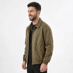 Man wearing MannerCo brown PU leather retro lapel jacket in outdoor lifestyle setting