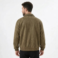 Man wearing MannerCo brown PU leather retro lapel jacket in outdoor lifestyle setting