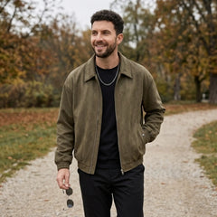 Man wearing MannerCo brown PU leather retro lapel jacket in outdoor lifestyle setting