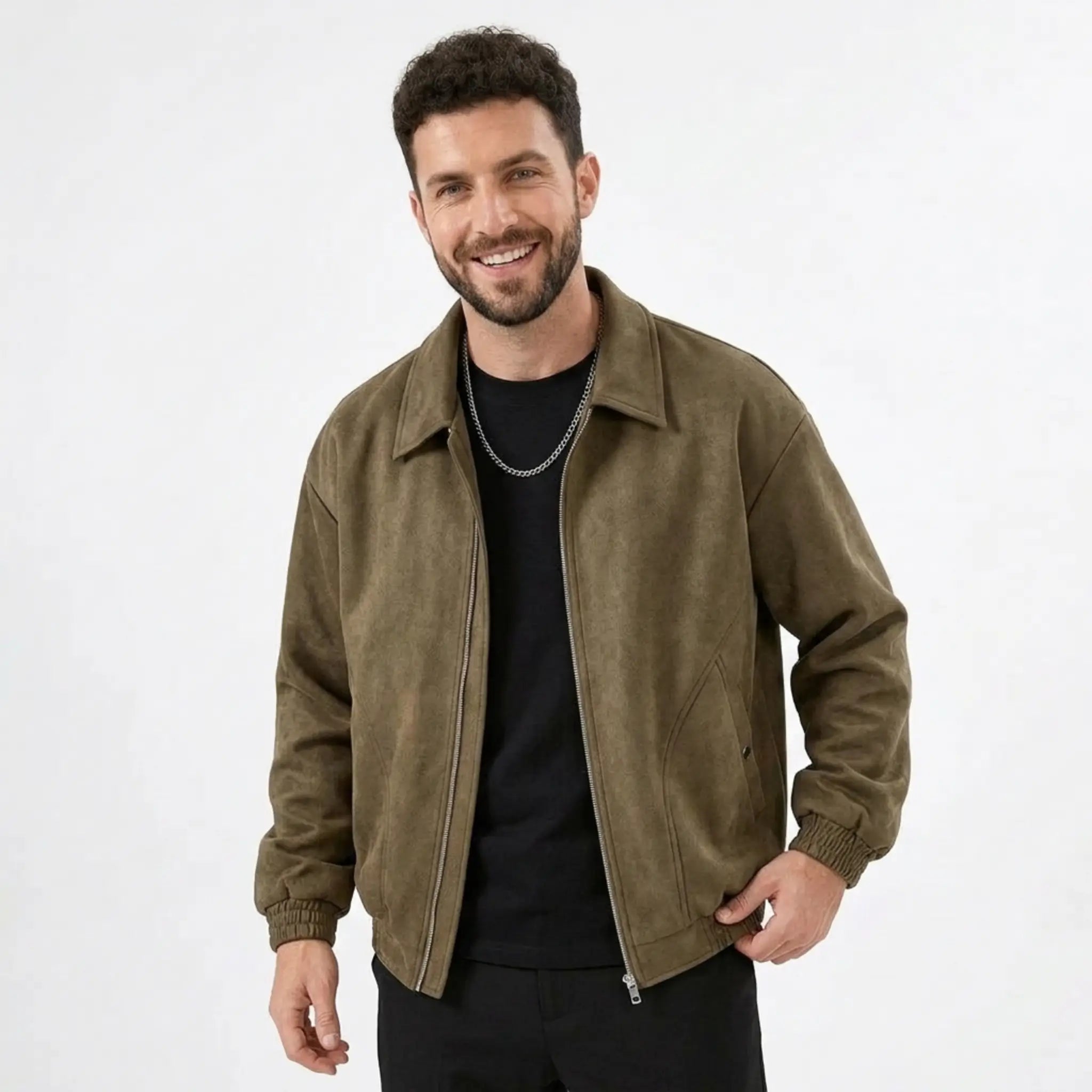 Man wearing MannerCo brown PU leather retro lapel jacket in outdoor lifestyle setting