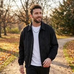 Man wearing MannerCo brown PU leather retro lapel jacket, side view on plain background