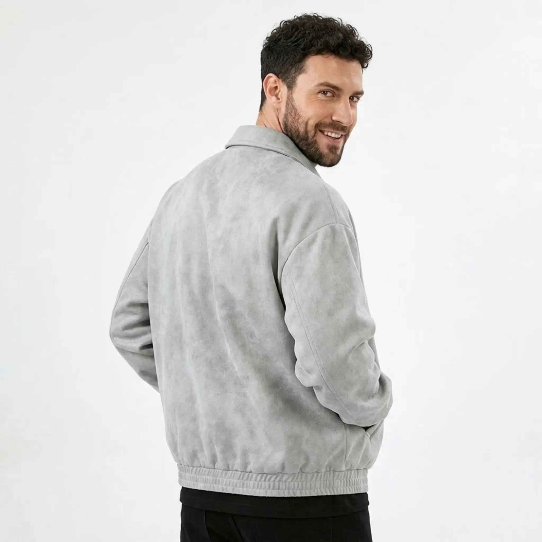 MannerCo white PU leather retro lapel jacket back view with slanted hem