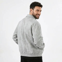 MannerCo white PU leather retro lapel jacket back view with slanted hem
