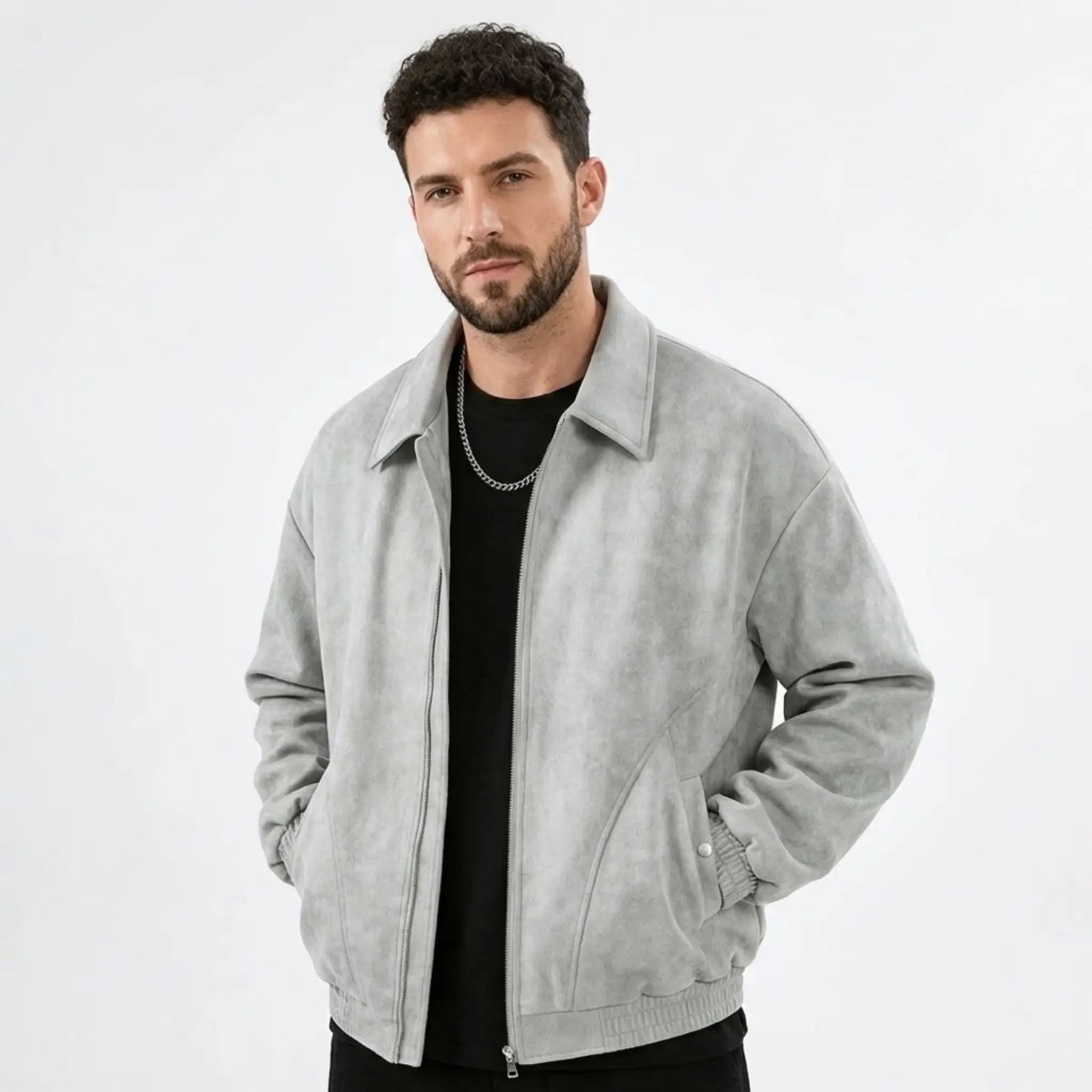 Man wearing MannerCo white PU leather retro lapel jacket with loose fit, front view