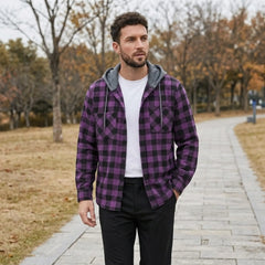 MannerCo purple plaid hooded flannel jacket worn outdoors open over white tee with black pants