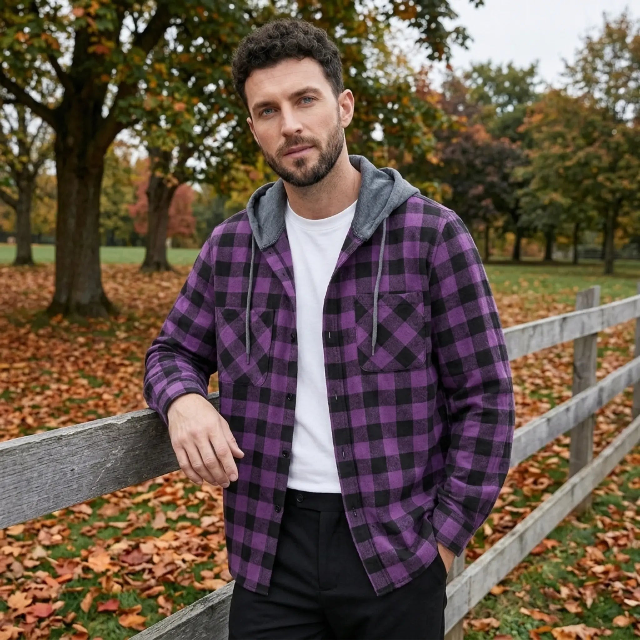 MannerCo purple black plaid hooded flannel jacket worn outdoors in autumn setting