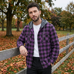 MannerCo purple black plaid hooded flannel jacket worn outdoors in autumn setting
