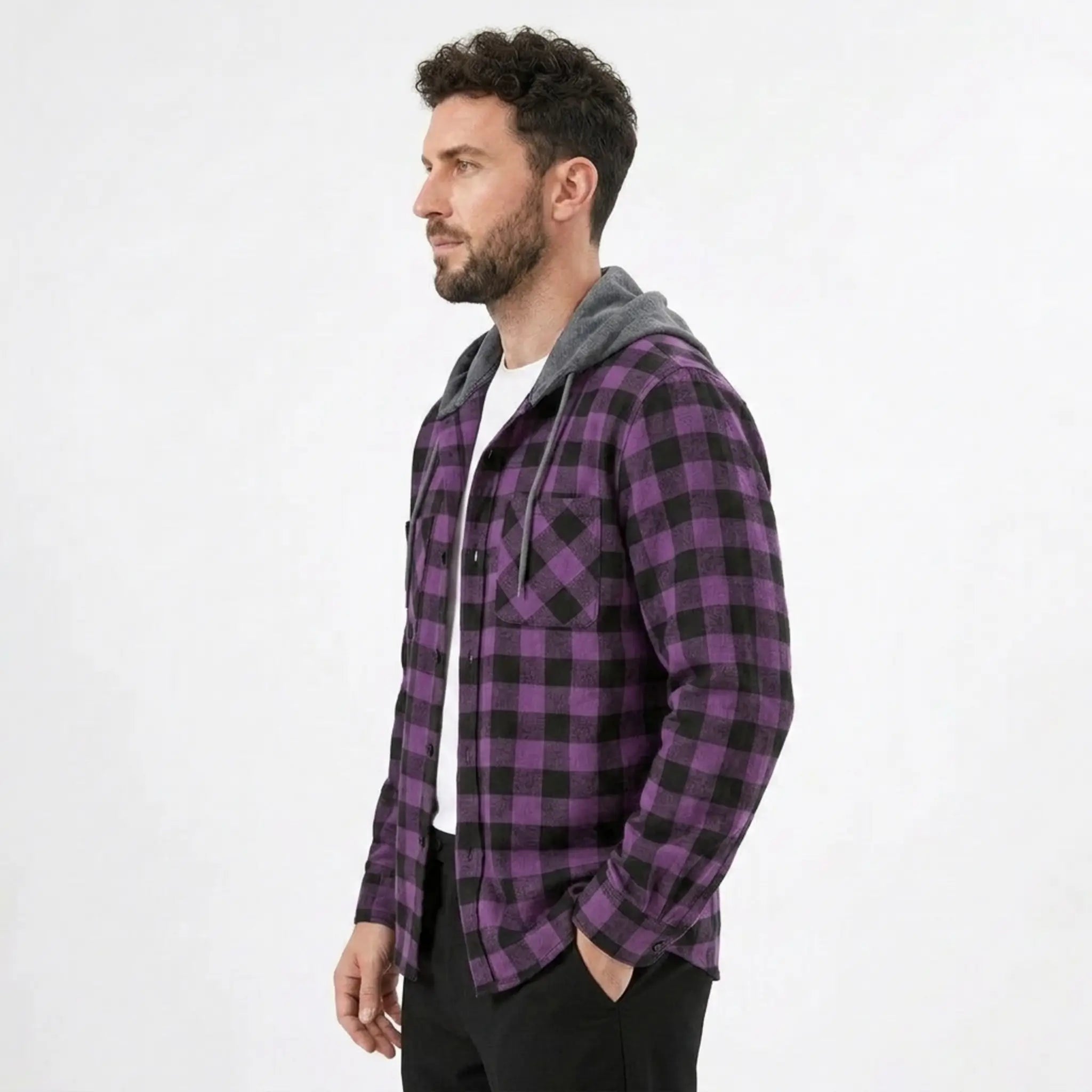 MannerCo purple plaid hooded flannel jacket side view with gray hood and chest pocket