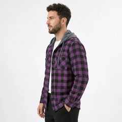 MannerCo purple plaid hooded flannel jacket side view with gray hood and chest pocket