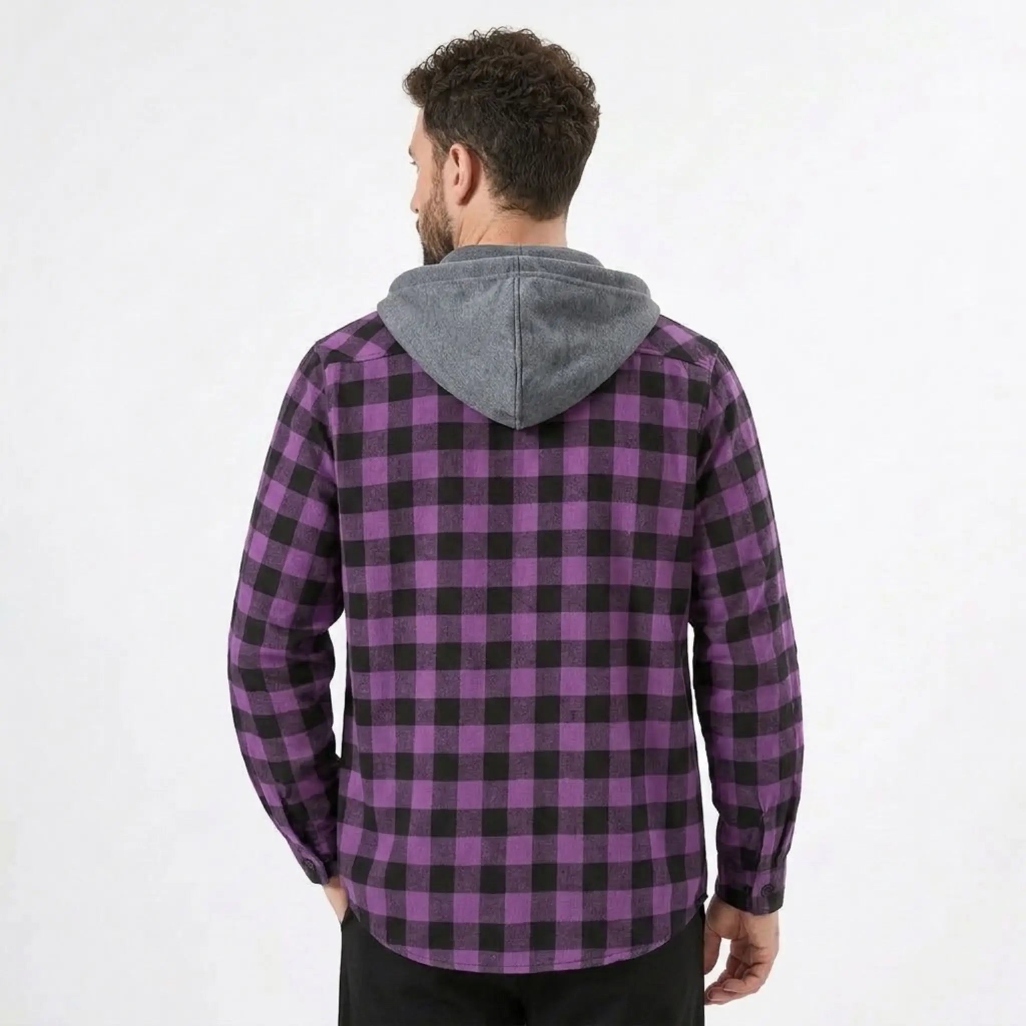 MannerCo purple plaid hooded flannel jacket back view with gray fleece hood