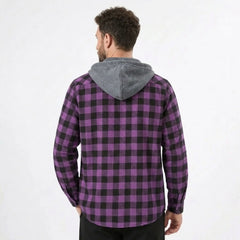 MannerCo purple plaid hooded flannel jacket back view with gray fleece hood