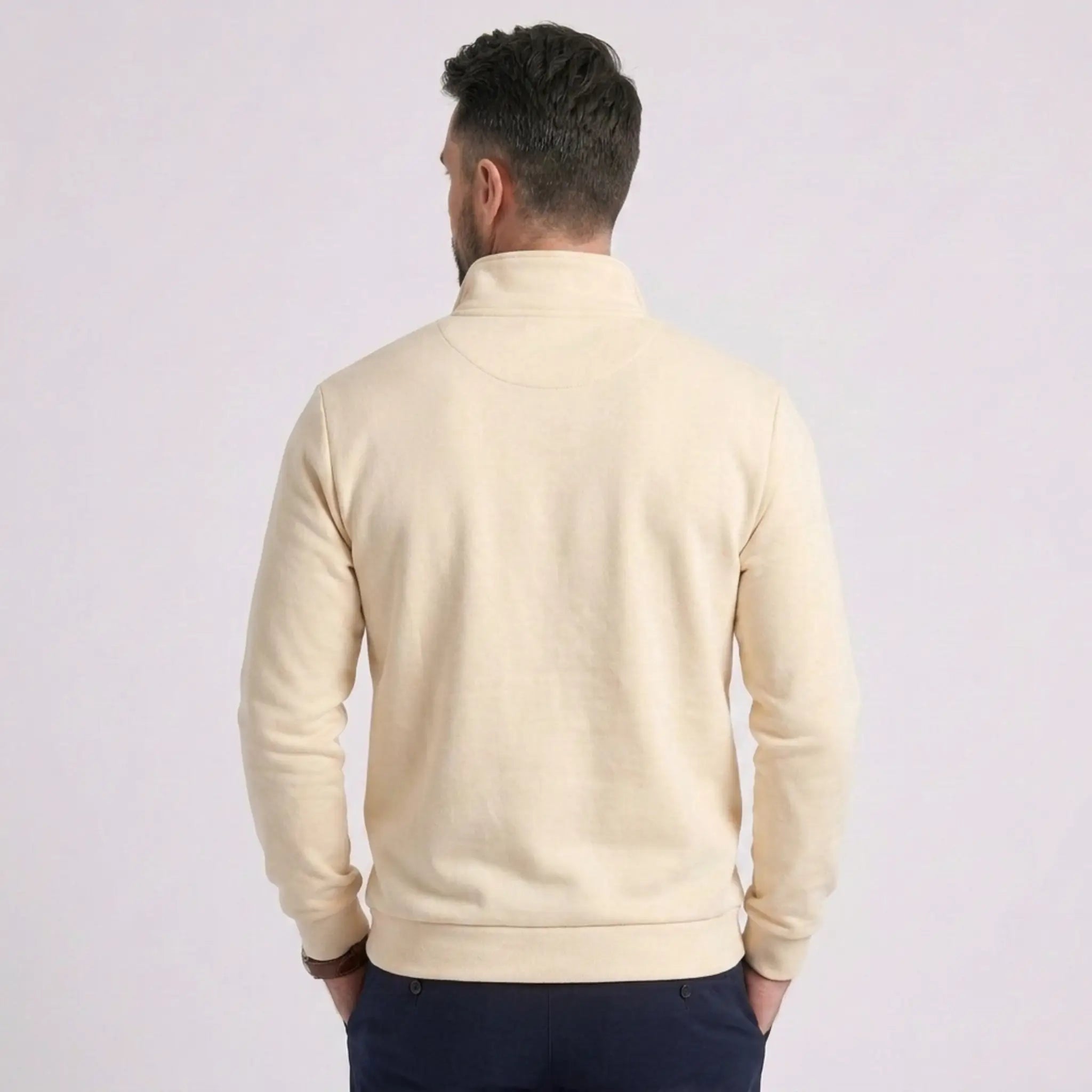 Man wearing MannerCo beige quarter zip mock neck sweater slim fit, back view on plain background