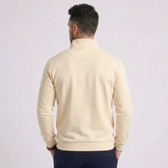Man wearing MannerCo beige quarter zip mock neck sweater slim fit, back view on plain background