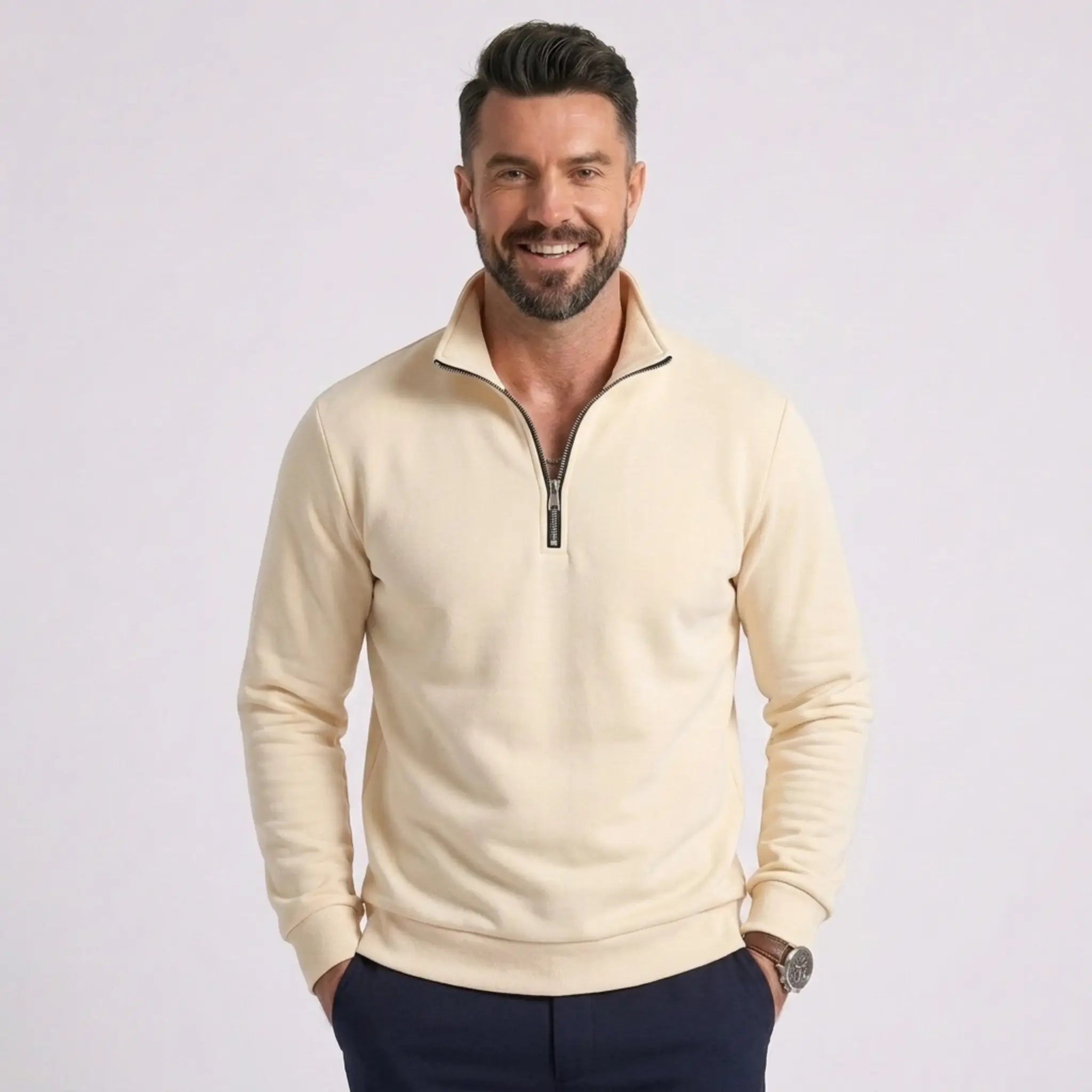 Man wearing MannerCo beige quarter zip mock neck sweater slim fit, front view on plain background