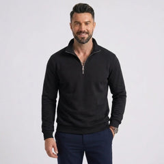 Man wearing MannerCo black quarter zip mock neck sweater slim fit, front view on plain background