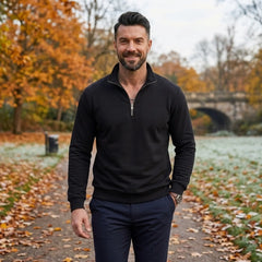 Man wearing MannerCo black quarter zip mock neck sweater in outdoor lifestyle setting
