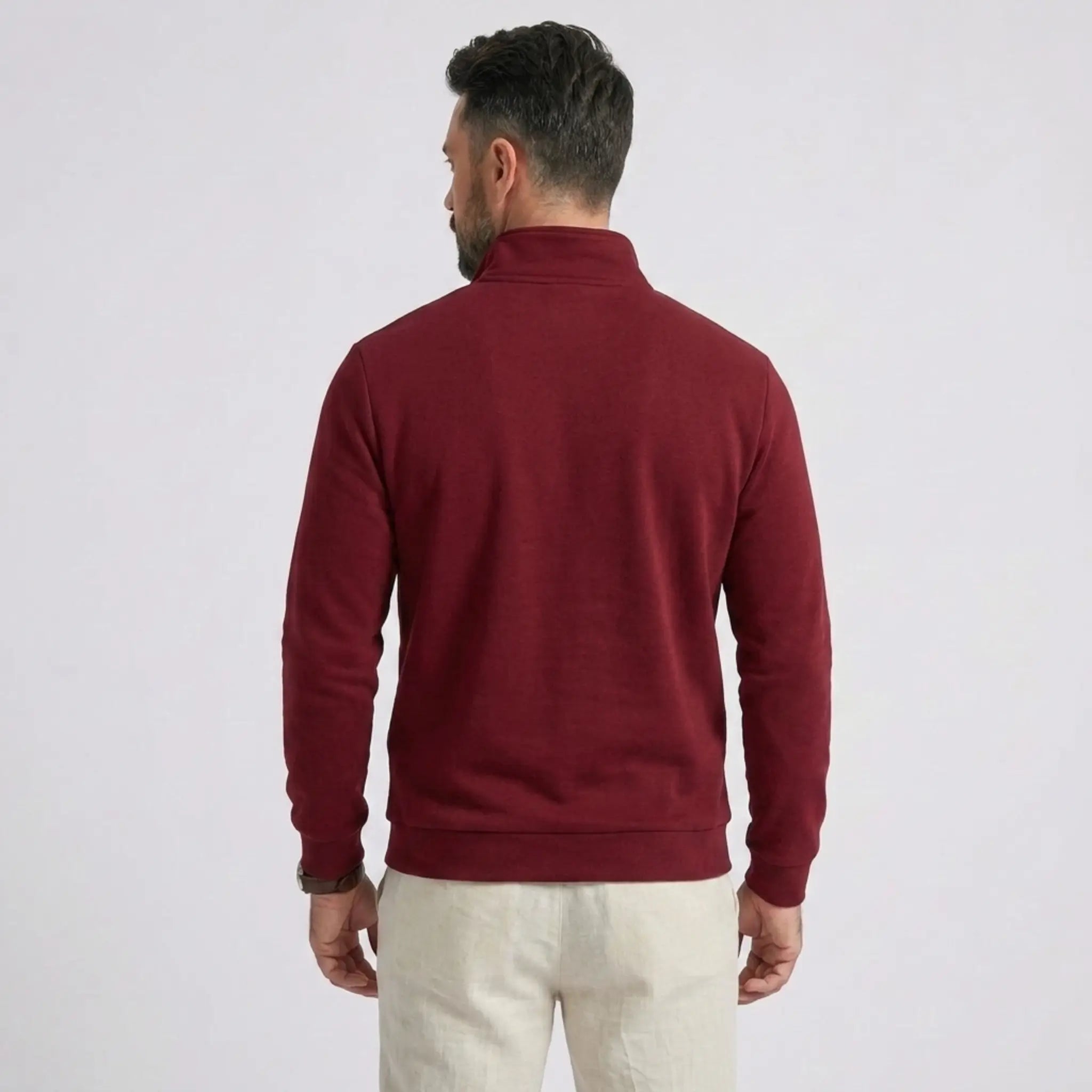 Man wearing MannerCo burgundy quarter zip mock neck sweater slim fit, back view on plain background