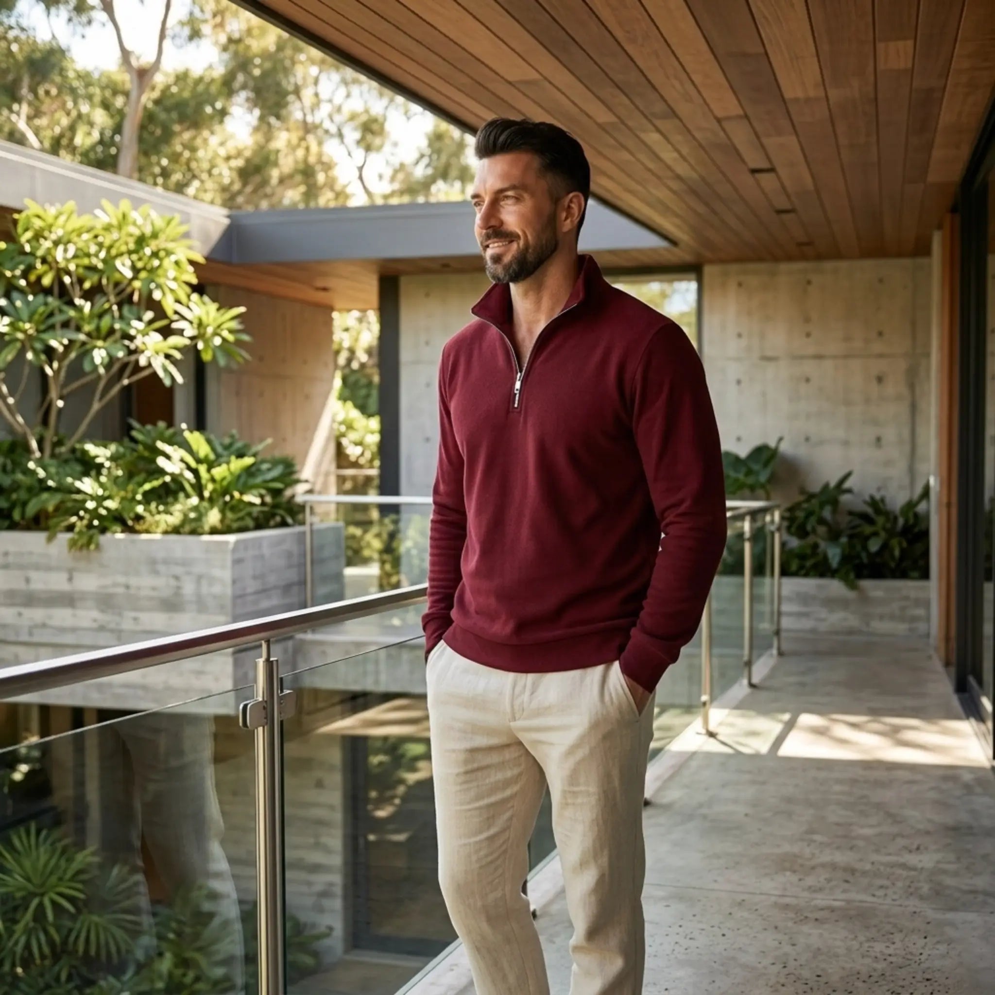 Man wearing MannerCo burgundy quarter zip mock neck sweater in outdoor lifestyle setting