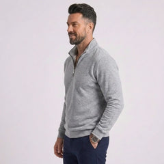 Man wearing MannerCo gray quarter zip mock neck sweater slim fit, side view on plain background
