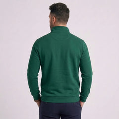 Man wearing MannerCo green quarter zip mock neck sweater slim fit, back view on plain background