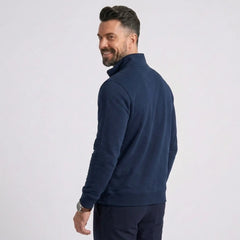 Man wearing MannerCo navy blue quarter zip mock neck sweater slim fit, back view on plain background
