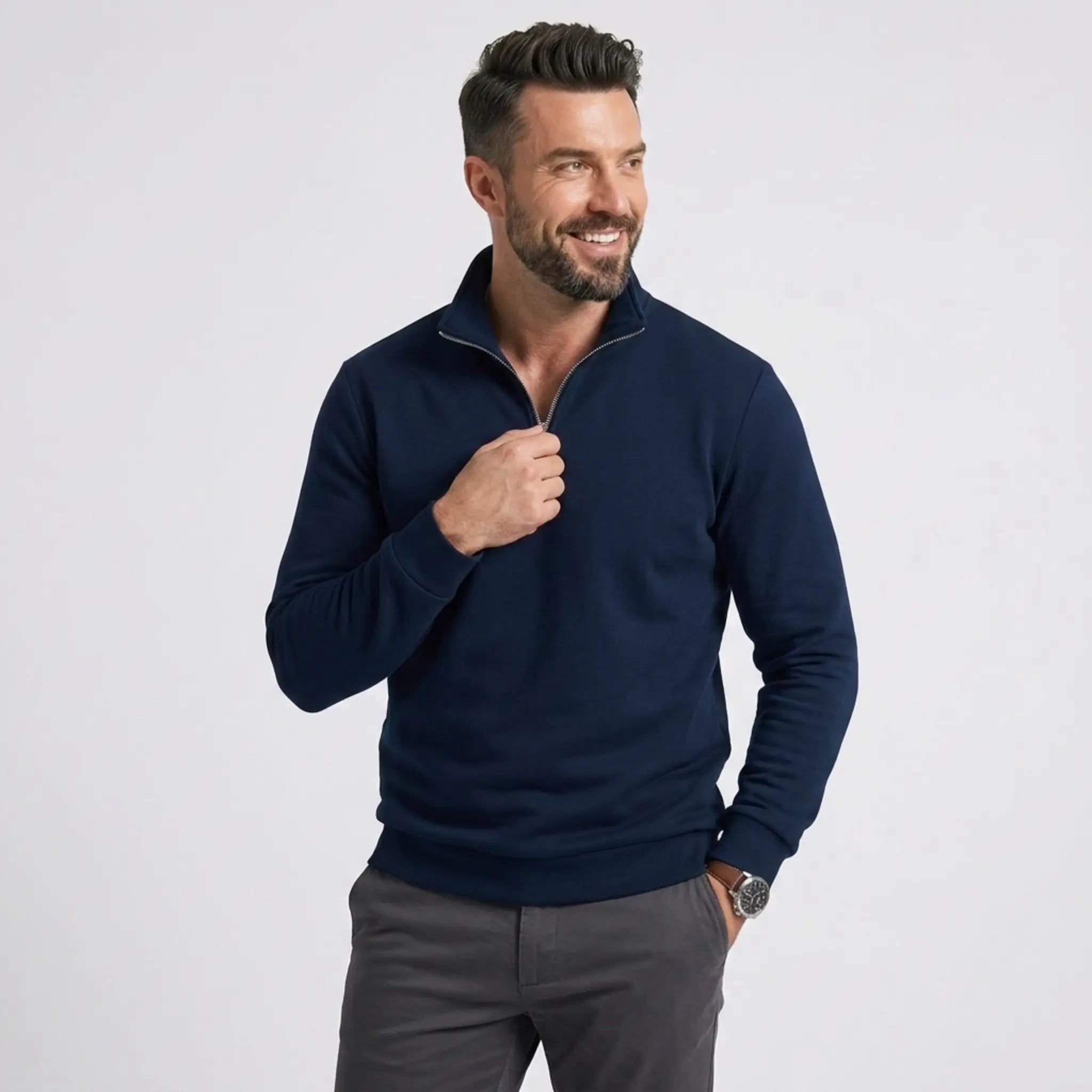 Man wearing MannerCo navy blue quarter zip mock neck sweater slim fit, front view on plain background