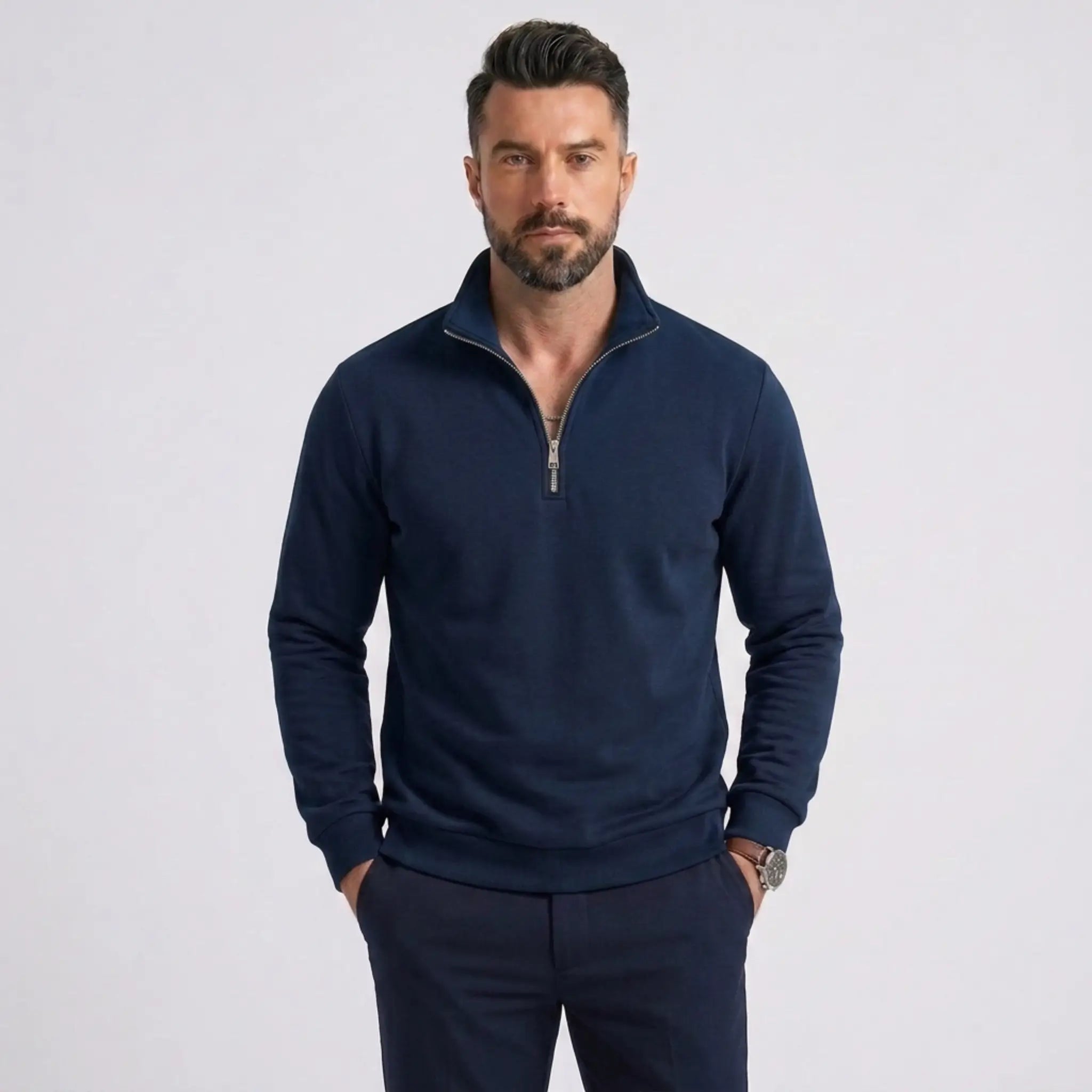 Man wearing MannerCo navy blue quarter zip mock neck sweater slim fit, front view on plain background