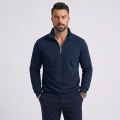Man wearing MannerCo navy blue quarter zip mock neck sweater slim fit, front view on plain background