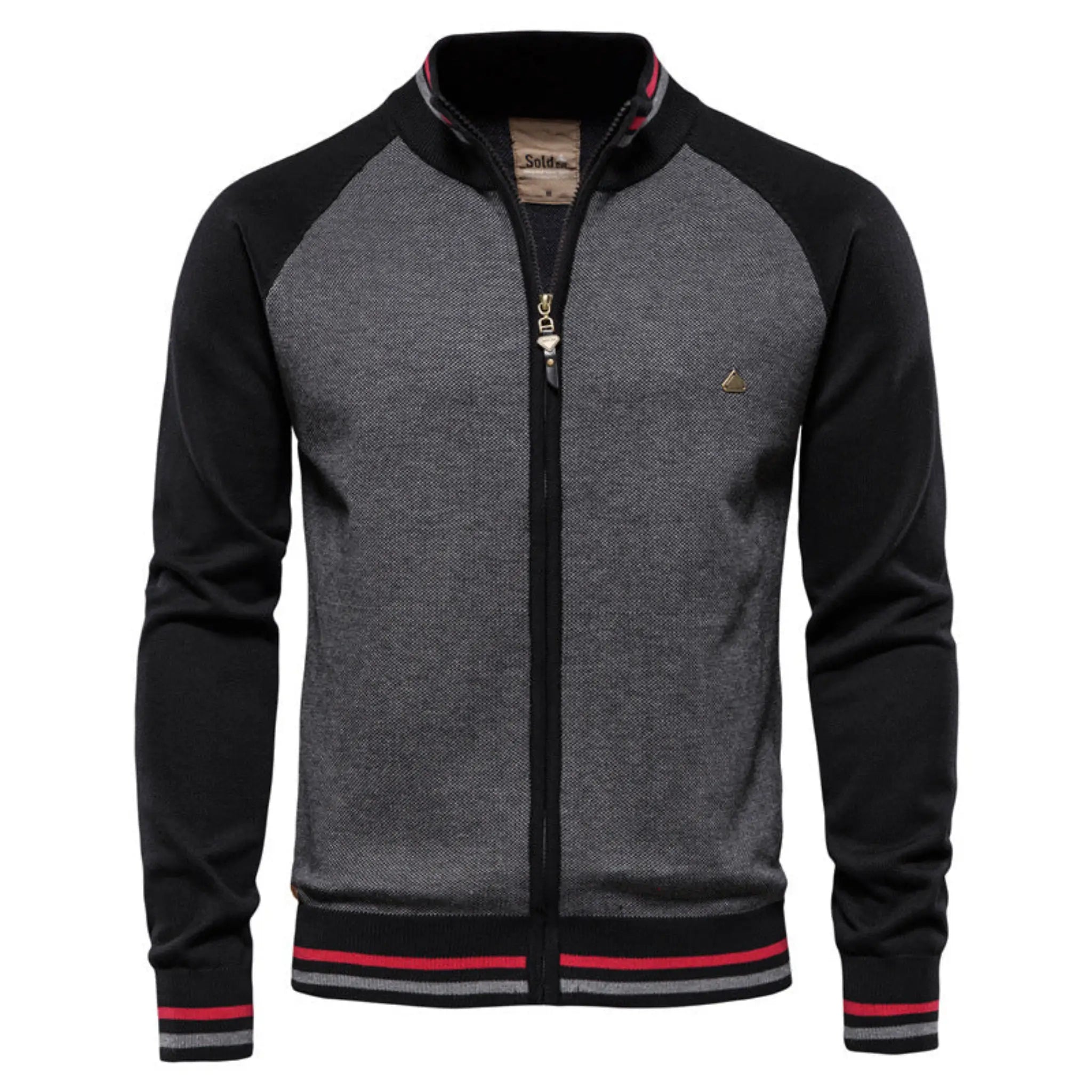 MannerCo black raglan sleeve zip cardigan with stand-up collar and red stripe trim product display