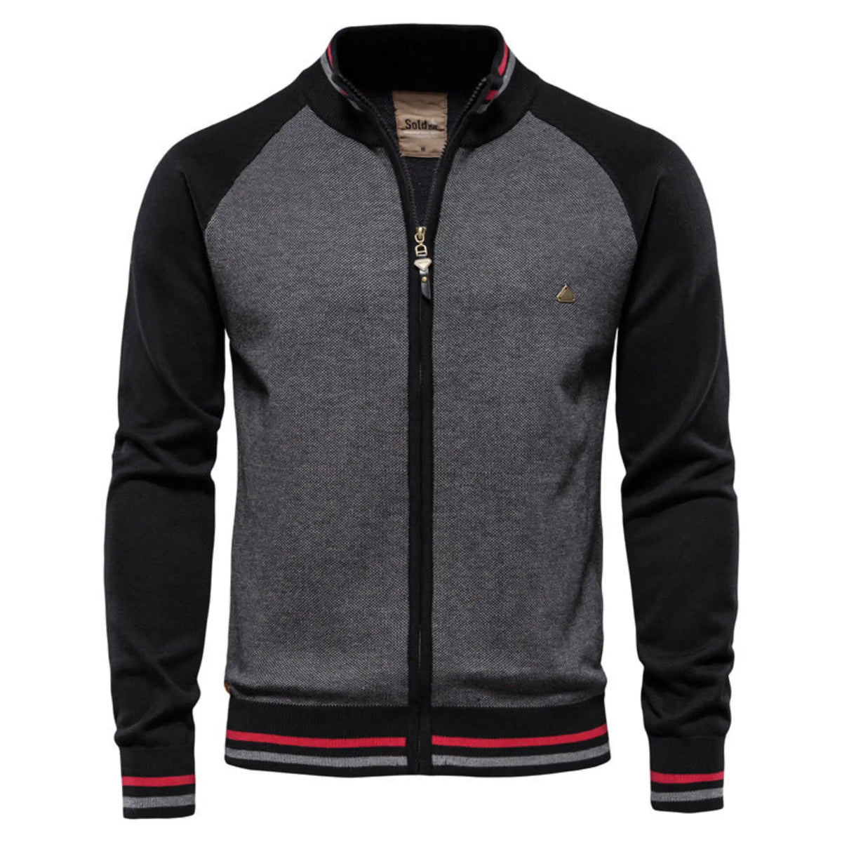MannerCo black raglan sleeve zip cardigan with stand-up collar and red stripe trim product display