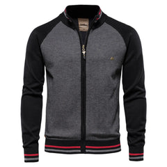 MannerCo black raglan sleeve zip cardigan with stand-up collar and red stripe trim product display