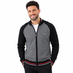 MannerCo men's black raglan sleeve zip cardigan with red stripe trim and stand-up collar slim fit