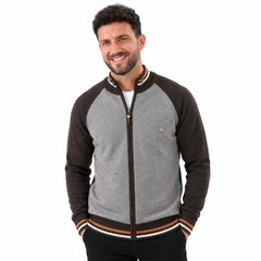 MannerCo men's brown raglan sleeve zip cardigan with striped ribbed collar and hem slim fit
