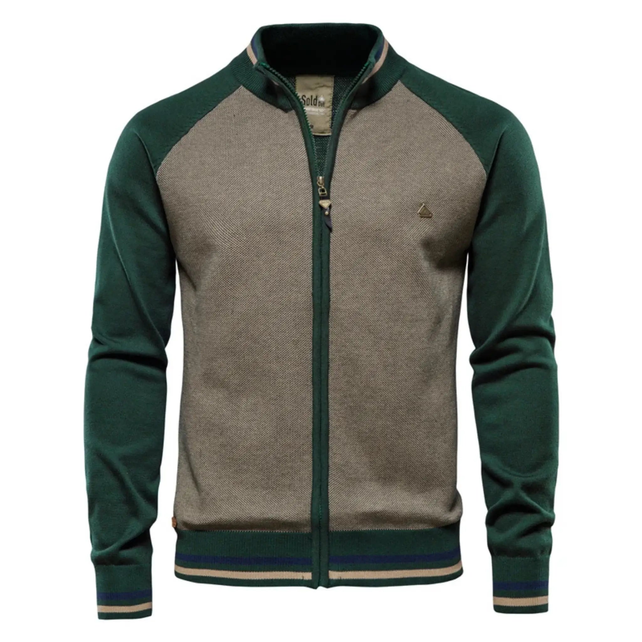 MannerCo green raglan sleeve zip cardigan sweater with tan body and striped ribbed hem product display
