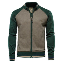 MannerCo green raglan sleeve zip cardigan sweater with tan body and striped ribbed hem product display