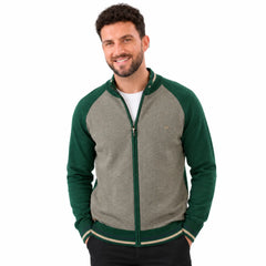 MannerCo green raglan sleeve zip cardigan sweater with stand-up collar and slim fit front view