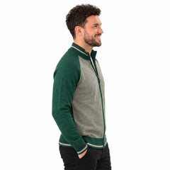 MannerCo green raglan sleeve cardigan sweater with stand-up collar slim fit side view on male model