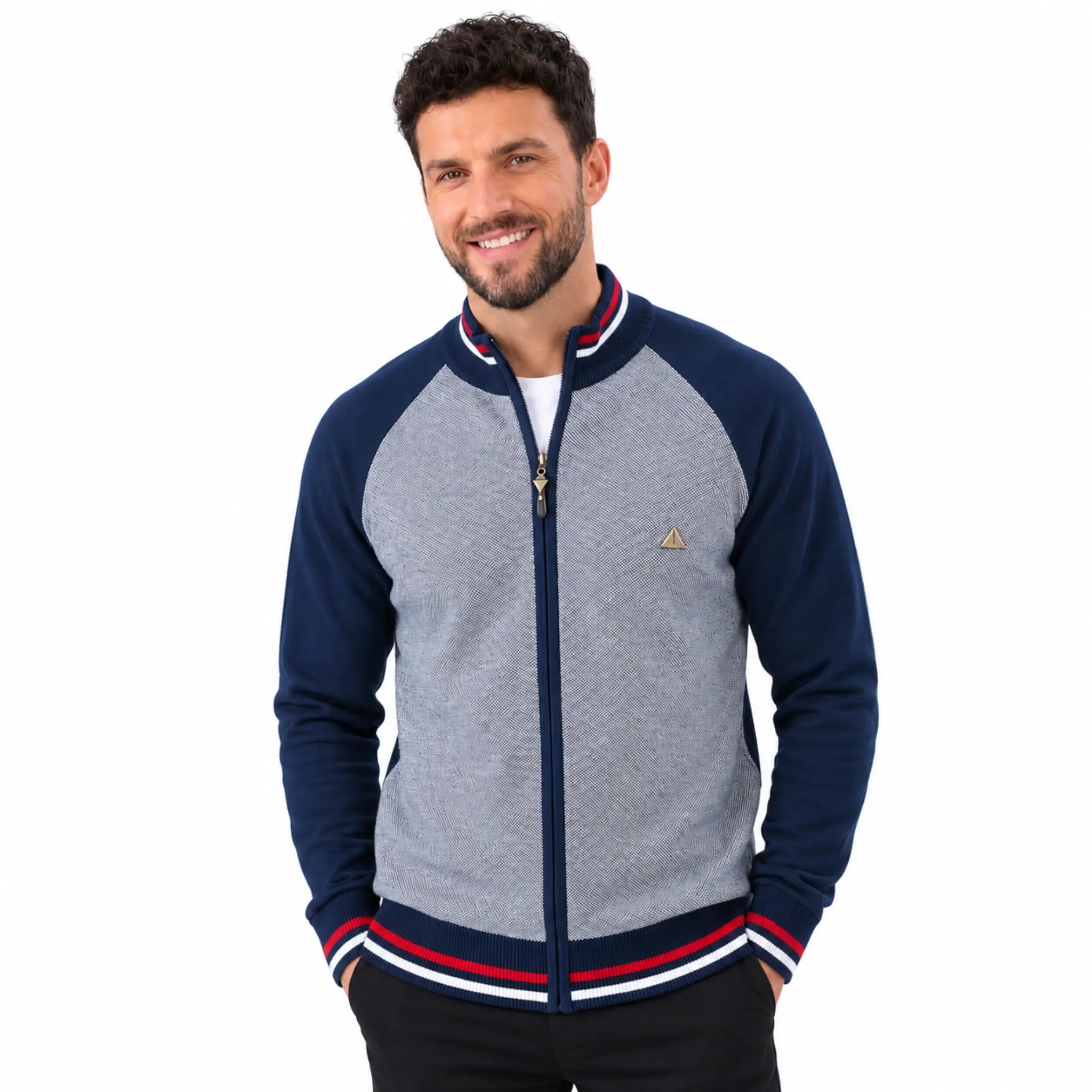 MannerCo navy raglan sleeve zip cardigan sweater with striped trim and stand-up collar on male model