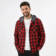 MannerCo red plaid hooded flannel jacket with double chest pockets worn open over white tee