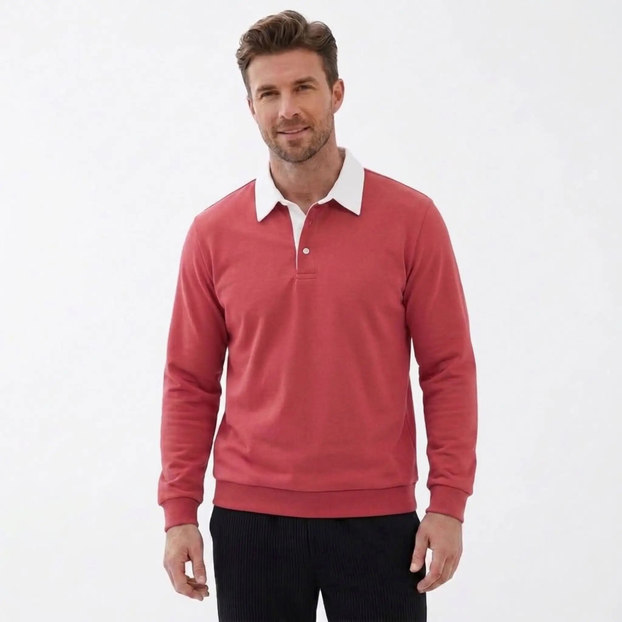 MannerCo red polo collar hoodie loose fit with white contrast collar and button closure front view