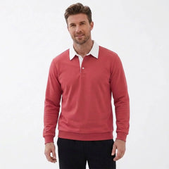 MannerCo red polo collar hoodie loose fit with white contrast collar and button closure front view