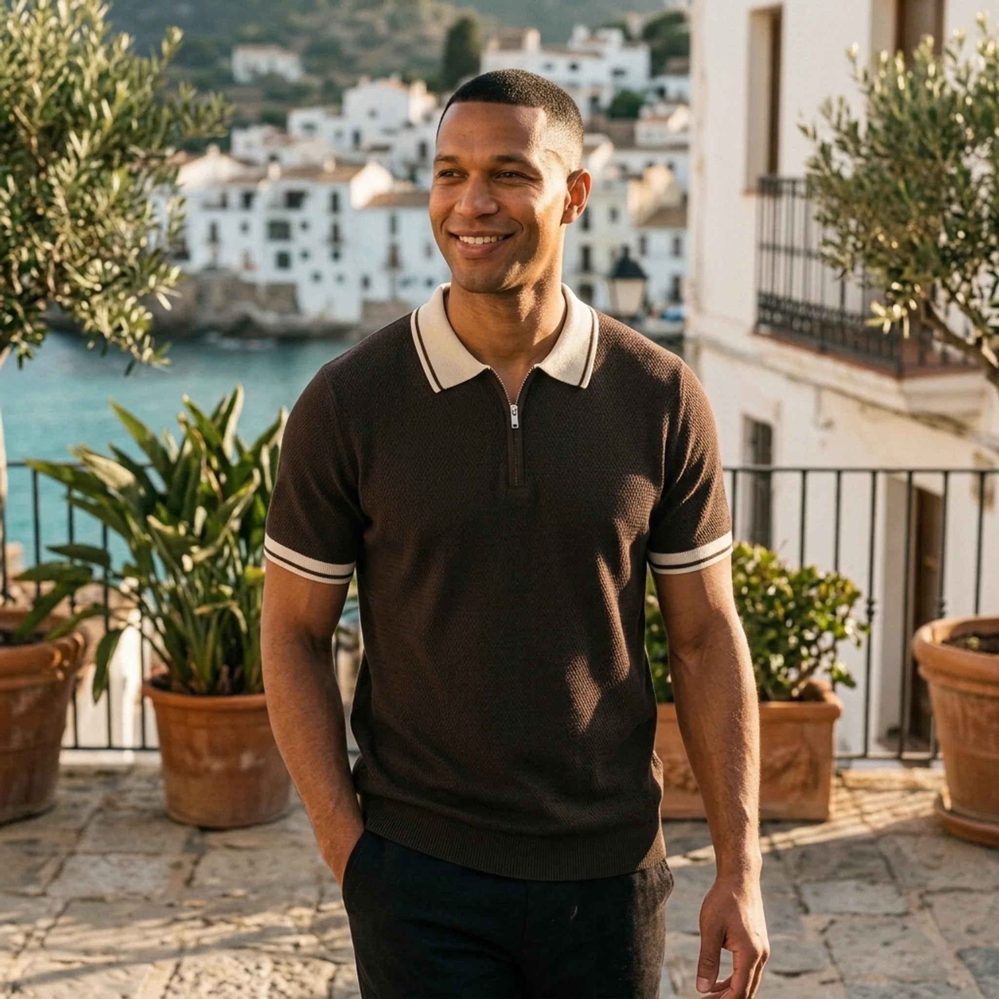 Man wearing a royal blue color block knit polo shirt with lapel collar front view