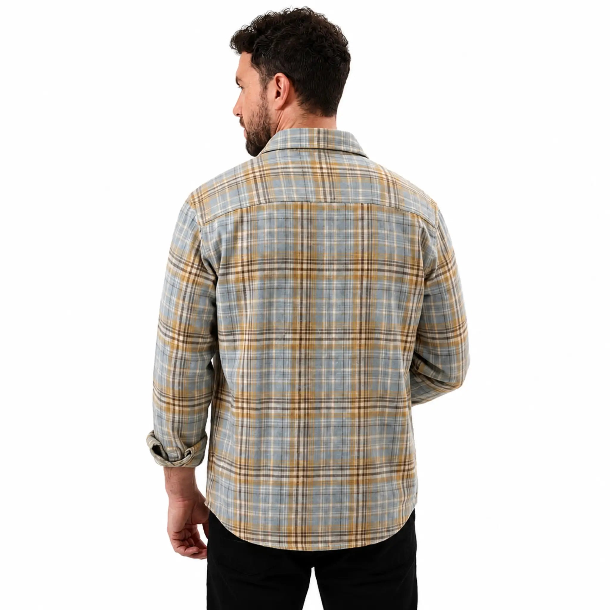 MannerCo sky blue plaid lapel shirt back view long sleeves relaxed fit on male model