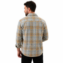 MannerCo sky blue plaid lapel shirt back view long sleeves relaxed fit on male model