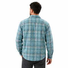 MannerCo sky blue plaid flannel shirt back view long sleeves relaxed fit on male model