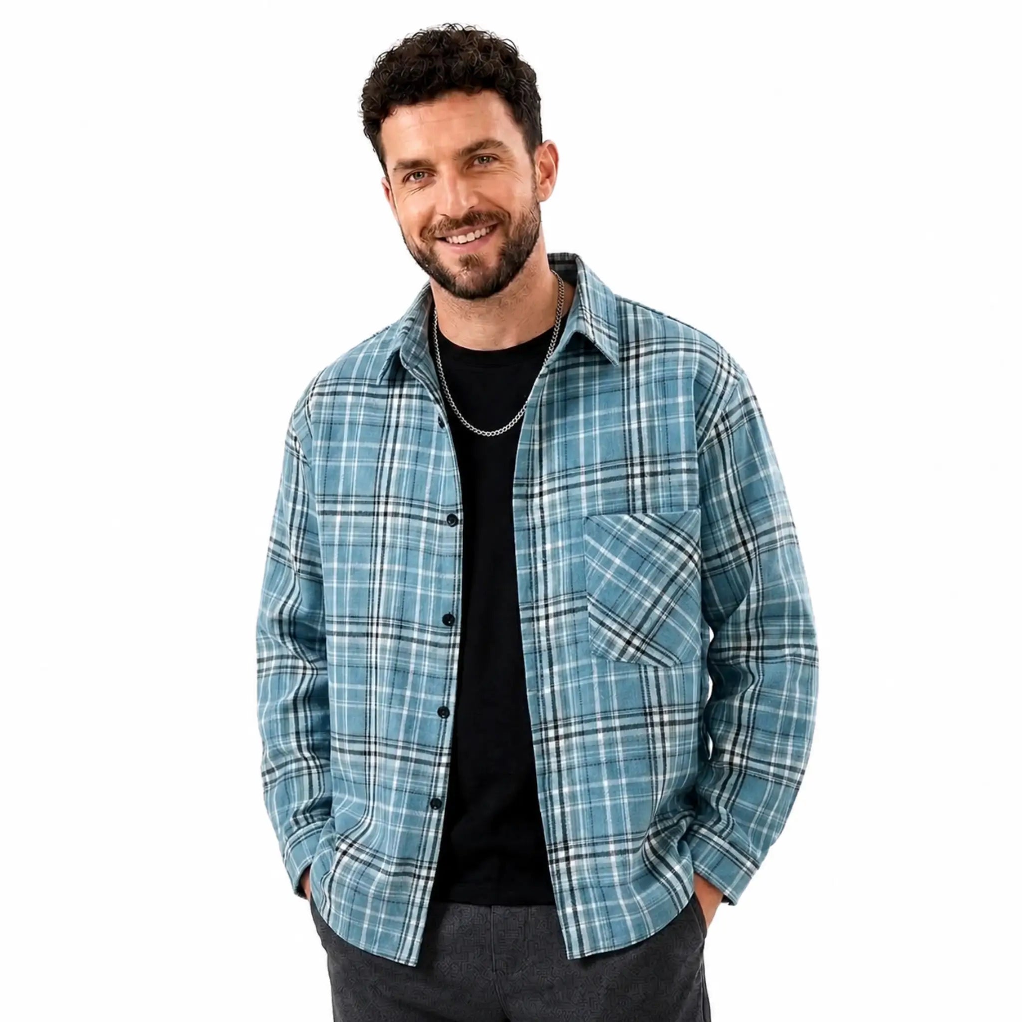 MannerCo sky blue plaid lapel shirt worn open over black tee relaxed fit with chest pocket