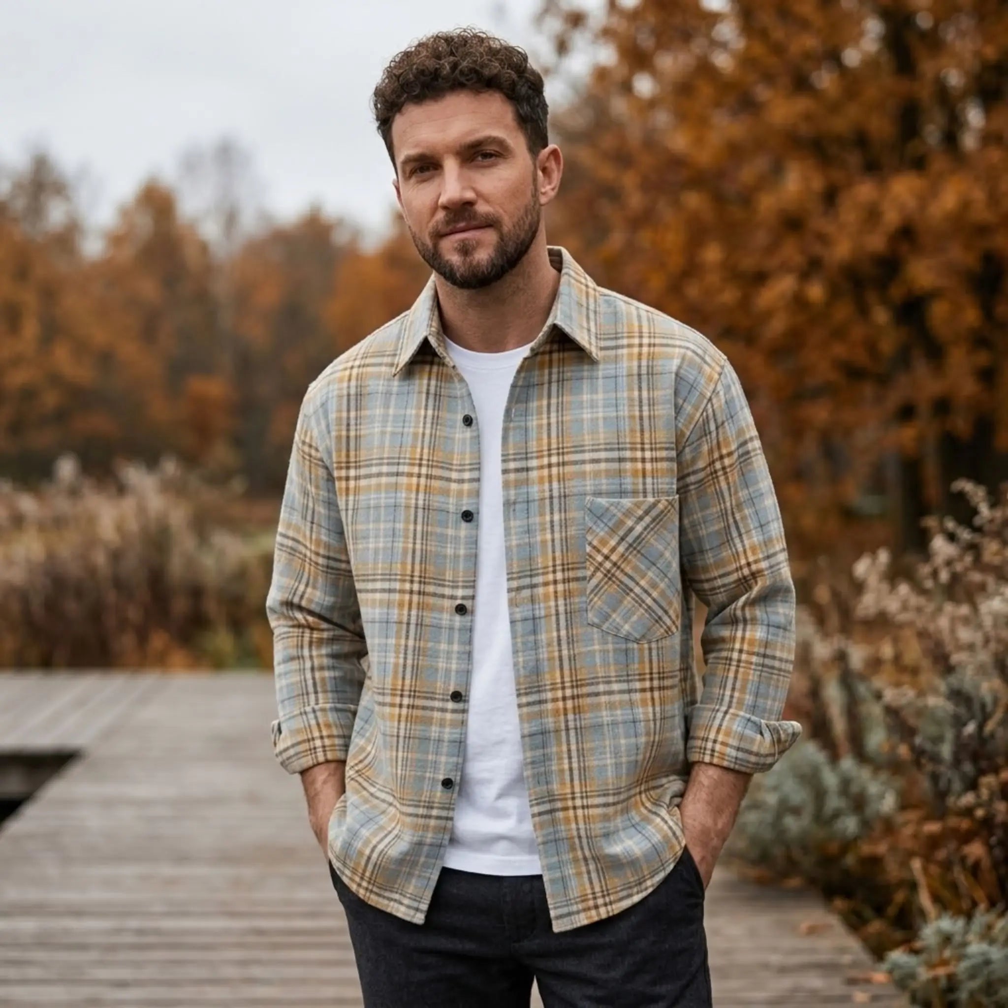 MannerCo sky blue plaid flannel shirt worn outdoors relaxed fit over white tee on male model