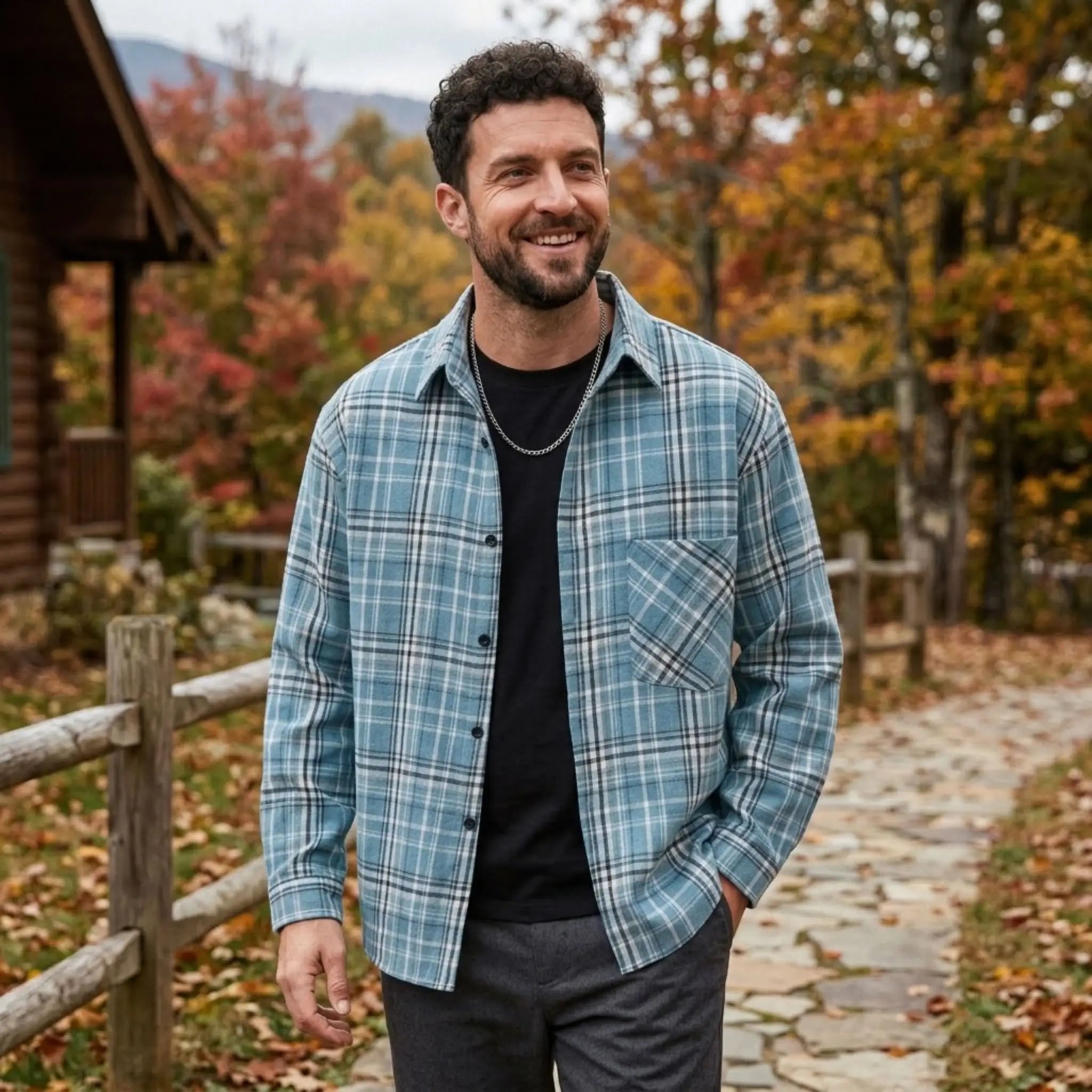 MannerCo sky blue plaid lapel shirt worn outdoors in autumn setting relaxed fit long sleeve