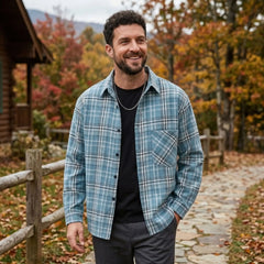 MannerCo sky blue plaid lapel shirt worn outdoors in autumn setting relaxed fit long sleeve